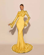 Custom High Neck Lace Mermaid Prom Dress With Pleated Long Sleeves