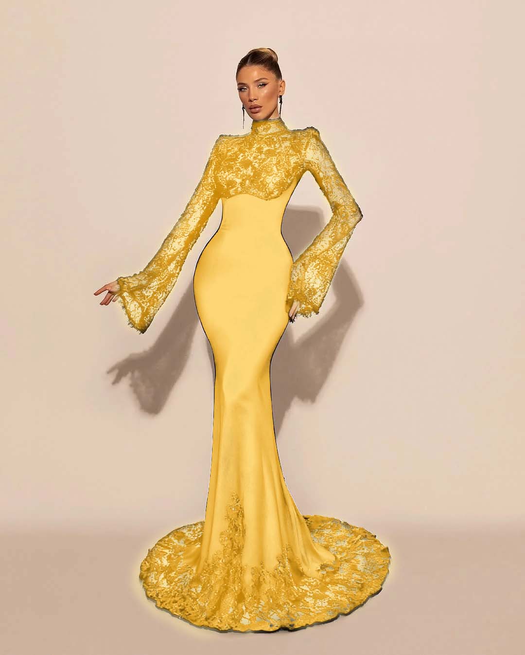Custom High Neck Lace Mermaid Prom Dress With Pleated Long Sleeves