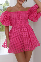 Barbie Night Square Patterned Fabric Puff Sleeve Elastic Waist Mini Dress