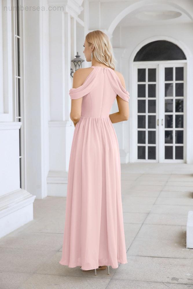 Abito da sera da damigella in chiffon con spalle scoperte, maniche a campana e spacco frontale, abito da festa nuziale 28117