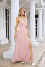 Vestido de Festa Comprido até ao Chão para Damas de Honra, em Chiffon, com Alças Finas, Decote em V e Fenda Frontal, para Baile, Festa e Casamento 28116