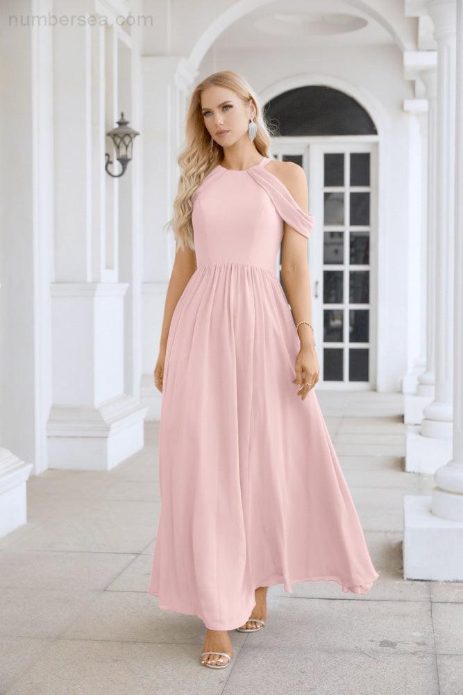 Abito da sera da damigella in chiffon con spalle scoperte, maniche a campana e spacco frontale, abito da festa nuziale 28117