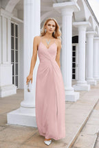Vestido de Festa Comprido até ao Chão para Damas de Honra, em Chiffon, com Alças Finas, Decote em V e Fenda Frontal, para Baile, Festa e Casamento 28116