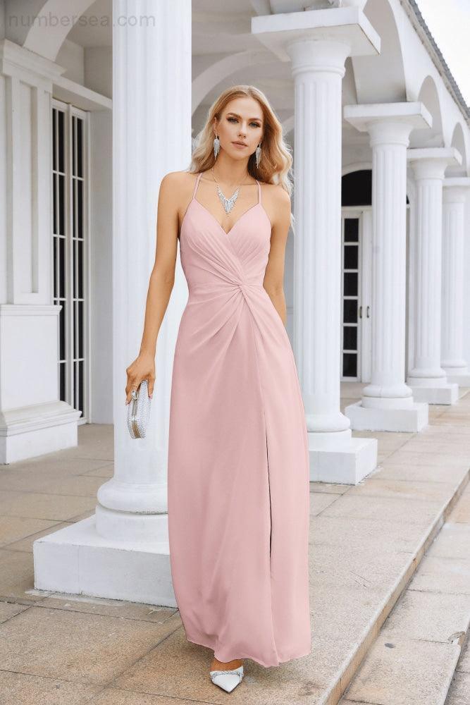 Vestido de Festa Comprido até ao Chão para Damas de Honra, em Chiffon, com Alças Finas, Decote em V e Fenda Frontal, para Baile, Festa e Casamento 28116