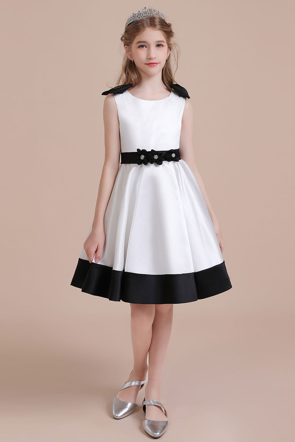 BMbridal A Line Satin Knee Length Flower Girl Dress Jewel Neck Bow Rhinestones