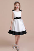 BMbridal A Line Satin Knee Length Flower Girl Dress Jewel Neck Bow Rhinestones