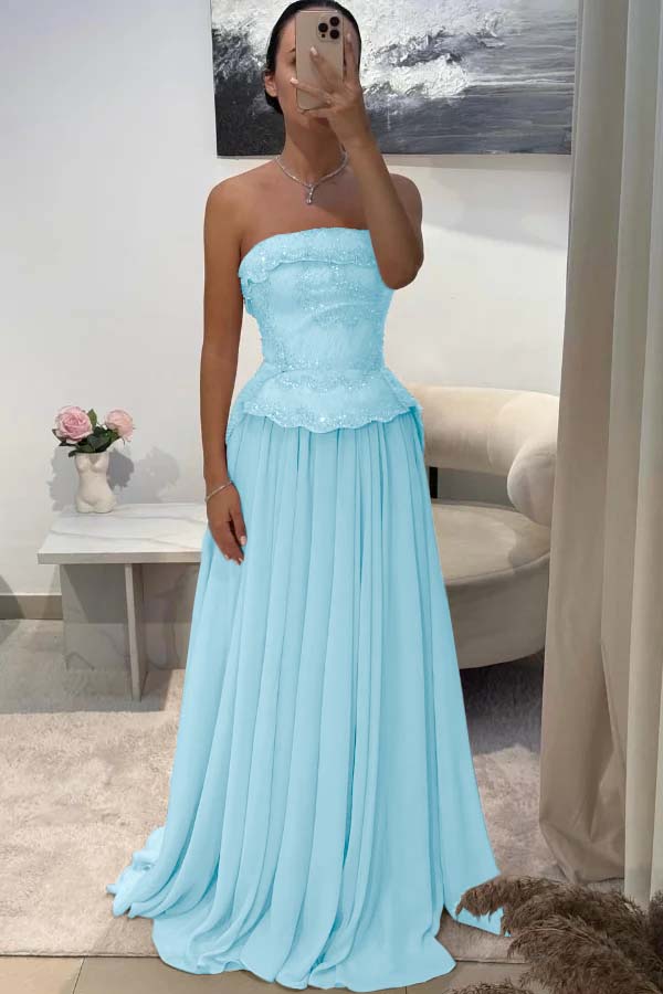 Chic Strapless Sleeveless Long Pleated Beaded Custom Prom Dress
