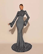 Custom High Neck Lace Mermaid Prom Dress With Pleated Long Sleeves