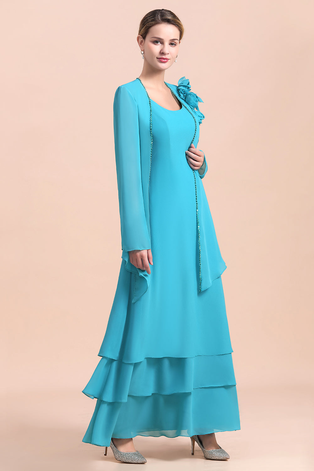 BMbridal Gorgeous Square Neck Flowers Layers Mother of Bride Dress with Long Wraps