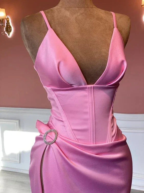 Elegantes rosa ärmelloses Abendkleid mit Spaghettiträgern Rosa Festkleid Y817