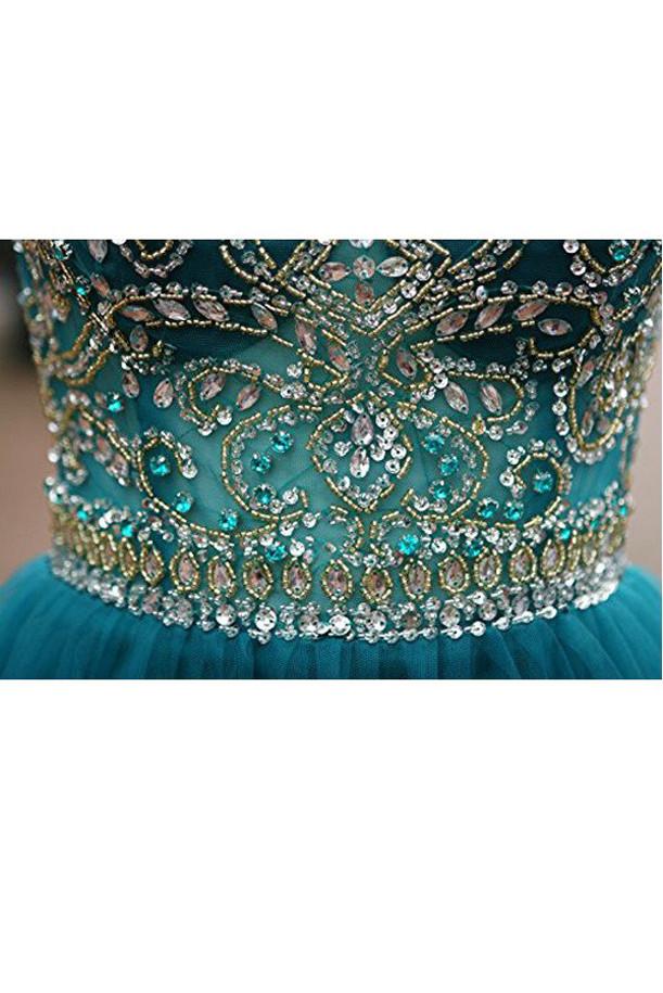 Abito da cerimonia per ragazze in tulle verde con perline, scollo a barchetta e linea a trapezio