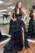 A Line Off the Shoulder Black Corset Prom Dress with Lace Ruffles