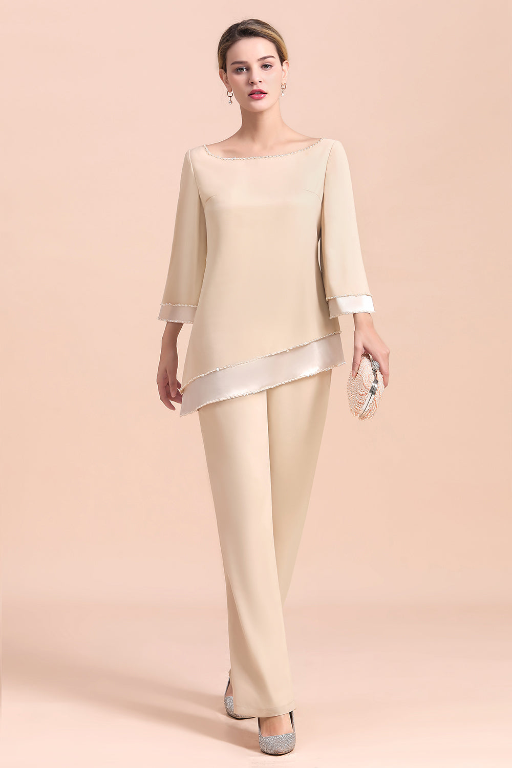 BMbridal Chic Round-Neck Champagne Chiffon Mother of Bride Jumpsuit Online