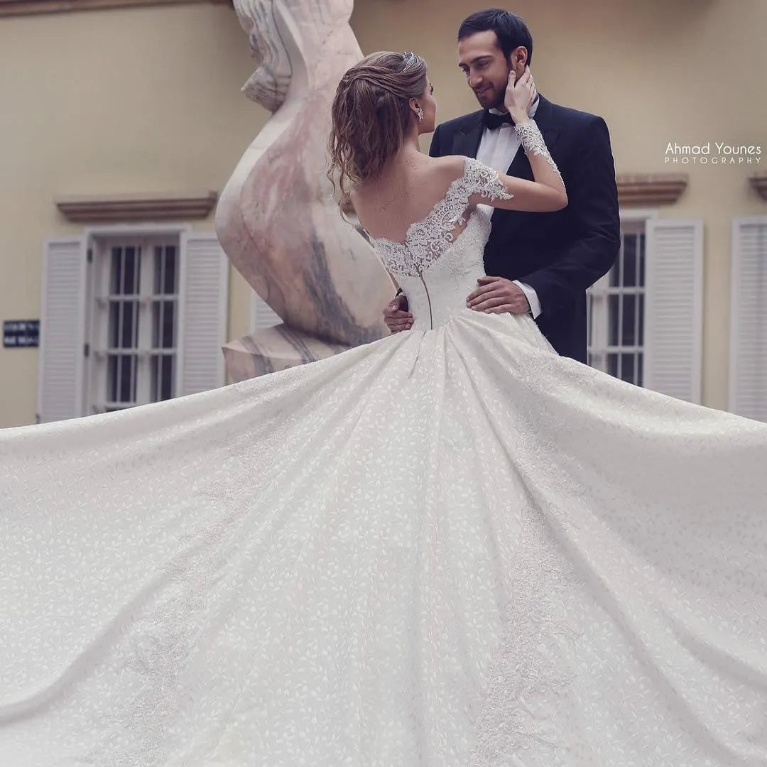 Glamorous Long Sleeves A Line Off The Shoulder Wedding Dress Backless Appliques