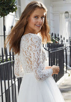 Chic Short Tulle Jewel Neckline A Line Wedding Dress With Lace Sleeves