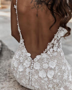 Charming V Neck Long Mermaid Floral Wedding Dress With Lace Backless