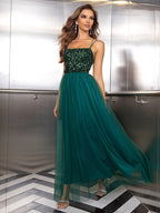 Summer Sexy Sequin Gauze Stitching Evening Dress Contrast Color Sequined Mesh Camouflage Dress