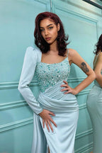 Vestido de Cetim para Baile com Lantejoulas, Manga Comprida e Fenda, Estilo Sereia