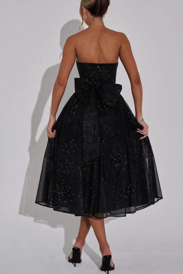 Abito Midi Sexy con Spalle Scoperte, Schiena Nuda e Fiocco