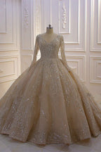 Beautiful Long Sleeve V Neck Ball Gown Wedding Dress With Sequins Beads Ruffles