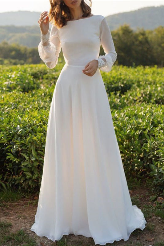 Tulle Bateau Long Sleeves Boho Wedding Dress Open Back A Line