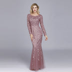 Primavera multi-cor manga longa em torno do pescoço fishtail banquete vestido de noite para mulher