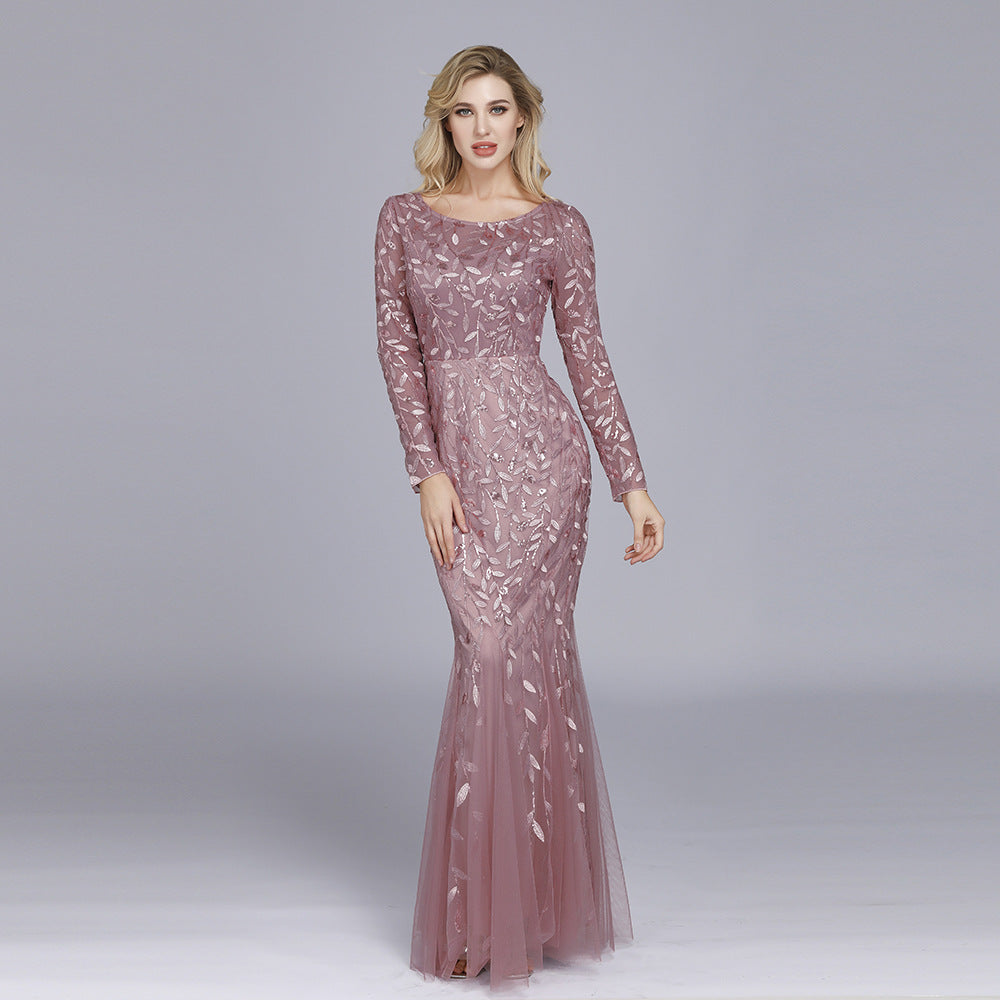 Primavera multi-cor manga longa em torno do pescoço fishtail banquete vestido de noite para mulher