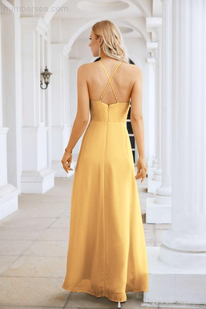 Vestido de Festa Comprido até ao Chão para Damas de Honra, em Chiffon, com Alças Finas, Decote em V e Fenda Frontal, para Baile, Festa e Casamento 28116