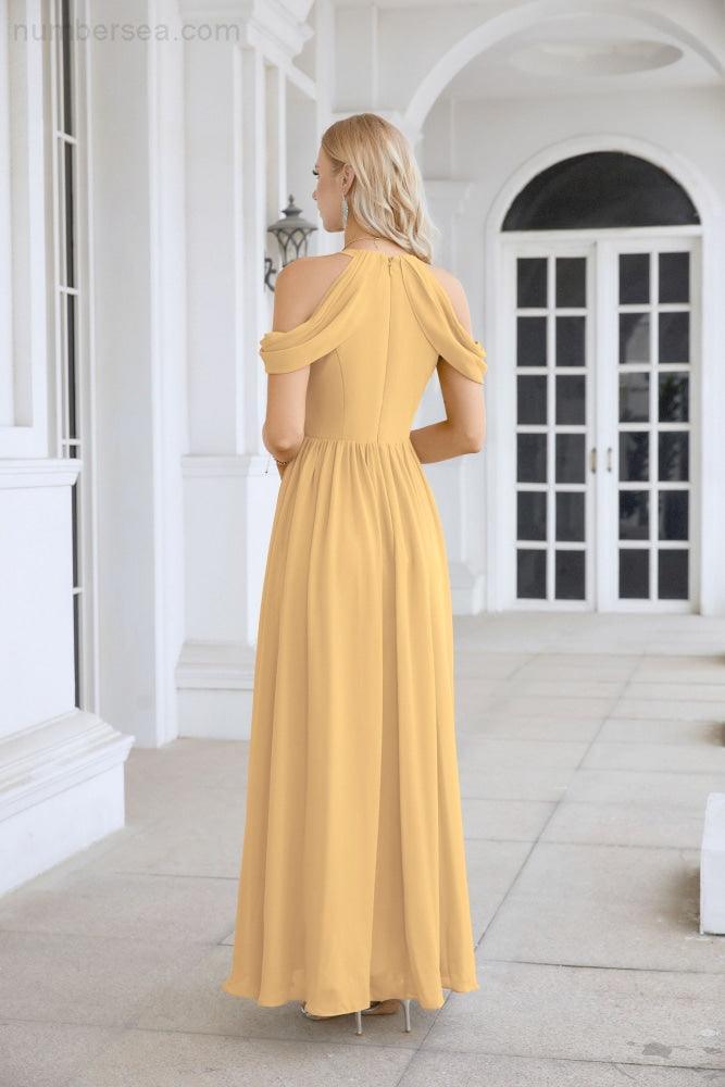 Abito da sera da damigella in chiffon con spalle scoperte, maniche a campana e spacco frontale, abito da festa nuziale 28117