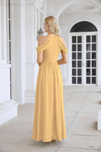 Abito da sera da damigella in chiffon con spalle scoperte, maniche a campana e spacco frontale, abito da festa nuziale 28117