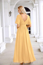 Robe de soirée longue jusqu'au sol pour demoiselle d'honneur, manches en mousseline, encolure ronde, fente avant, pour mariage et fête 28124