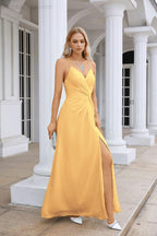 Vestido de Festa Comprido até ao Chão para Damas de Honra, em Chiffon, com Alças Finas, Decote em V e Fenda Frontal, para Baile, Festa e Casamento 28116