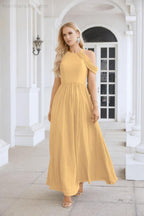 Abito da sera da damigella in chiffon con spalle scoperte, maniche a campana e spacco frontale, abito da festa nuziale 28117