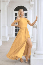 Abito da sera da damigella in chiffon con spalle scoperte, maniche a campana e spacco frontale, abito da festa nuziale 28117