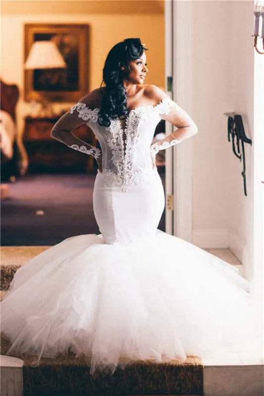 Chic Mermaid Tulle Wedding Dress With Long Sleeves Off Shoulder And Appliques