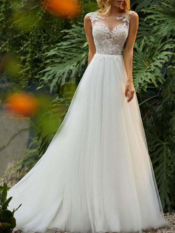 Tulle Sleeveless Lace Bridal Wedding Dress Long Gown for Modern Brides