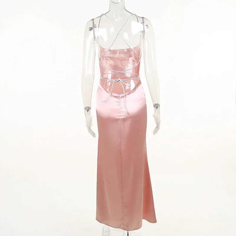 Vestido largo de fiesta rosa sirena sexy, vestido de noche rosa sin espalda Y1933