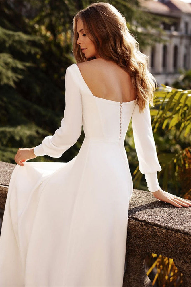 Square Neckline A Line Long Sleeve Wedding Dress For Elegant Bridal