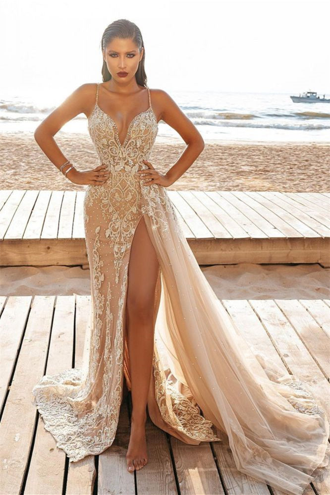 Nude Mermaid Wedding Dress With Spaghetti Strap And Beaded Embellishments