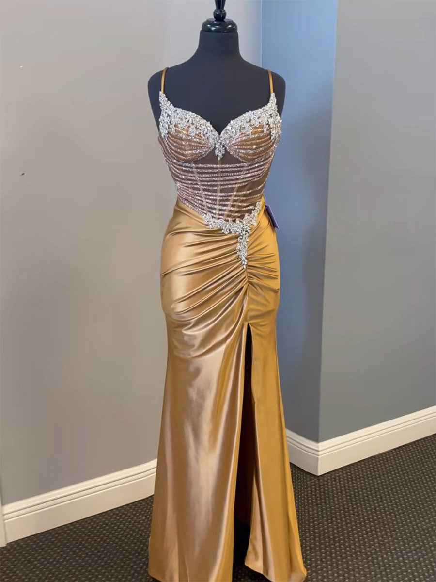 Gold Plunging V-Neck Cascading Crystal Satin Prom Dress With Slit