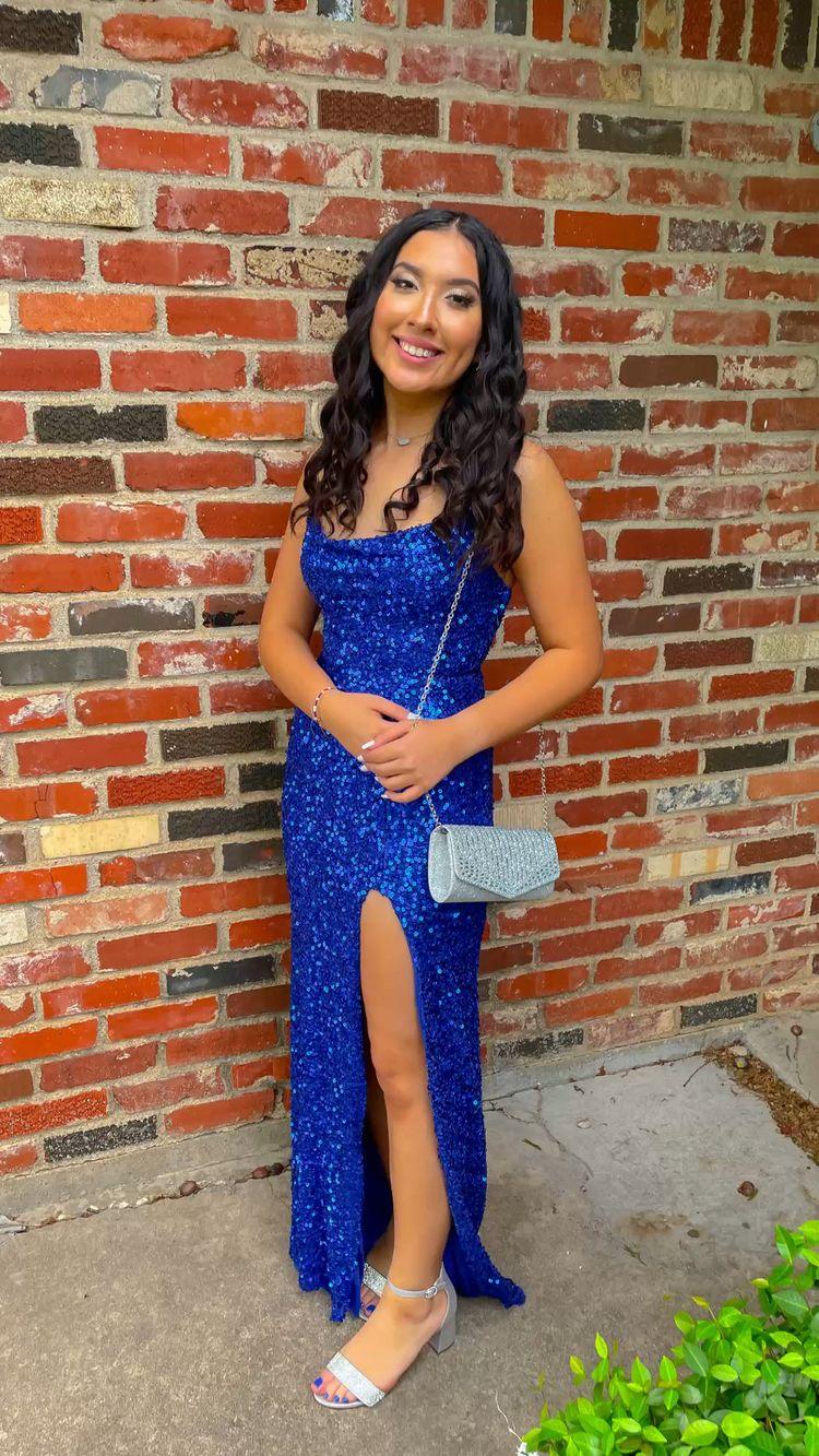 Vestido largo de fiesta azul real con lentejuelas y abertura lateral Vestido de noche elegante Y128