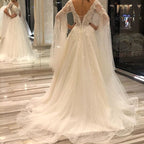 Short Sleeves Backless A Line Floorlength Wedding Dress V Neck Appliques