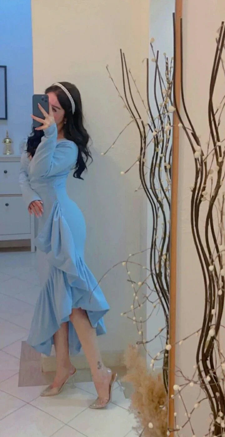 Vestido de fiesta formal azul elegante con escote en V y corte sirena Y8181