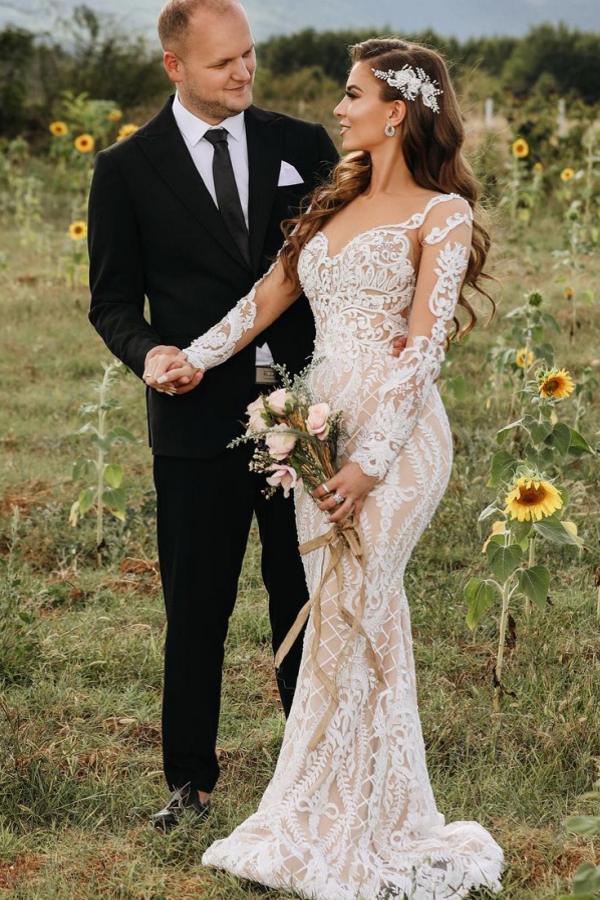 Bmbridal Long Sleeves Lace Mermaid Wedding Dress Boho Bridal Gown