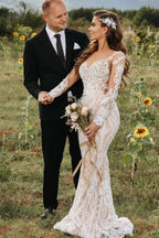 Bmbridal Long Sleeves Lace Mermaid Wedding Dress Boho Bridal Gown