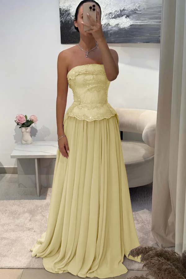 Chic Strapless Sleeveless Long Pleated Beaded Custom Prom Dress