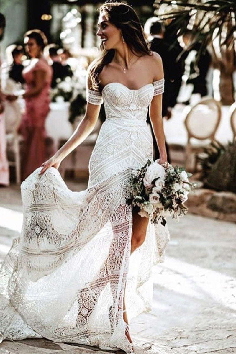 Off Shoulder Mermaid Boho Lace Wedding Dress With Train