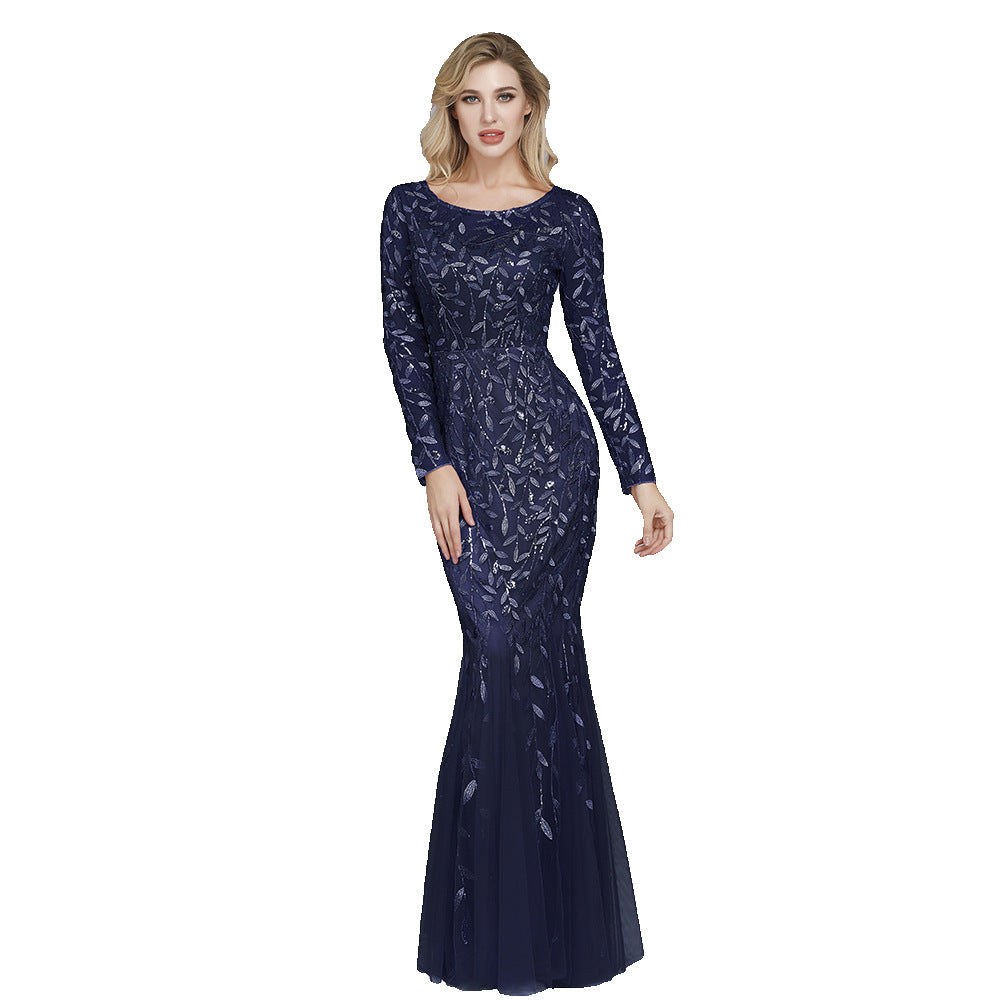 Primavera multi-cor manga longa em torno do pescoço fishtail banquete vestido de noite para mulher