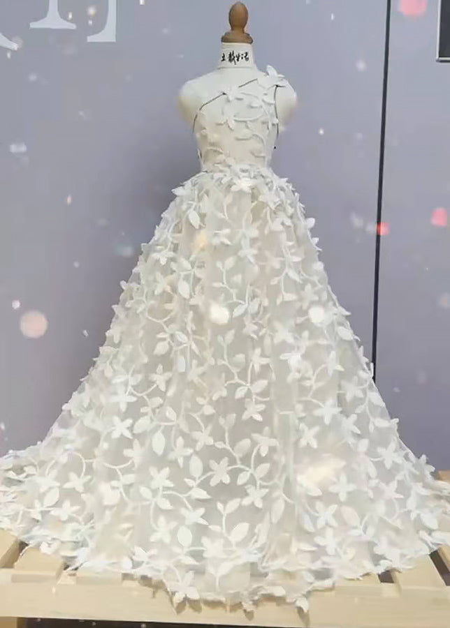 3D One Shoulder Floral Wedding Dress With Delicate 3D Appliques