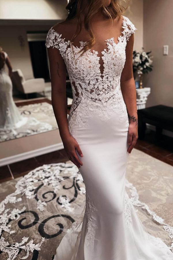 Bmbridal Satin Mermaid Wedding Dress Sleeveless Jewel Neck Chapel Train Lace